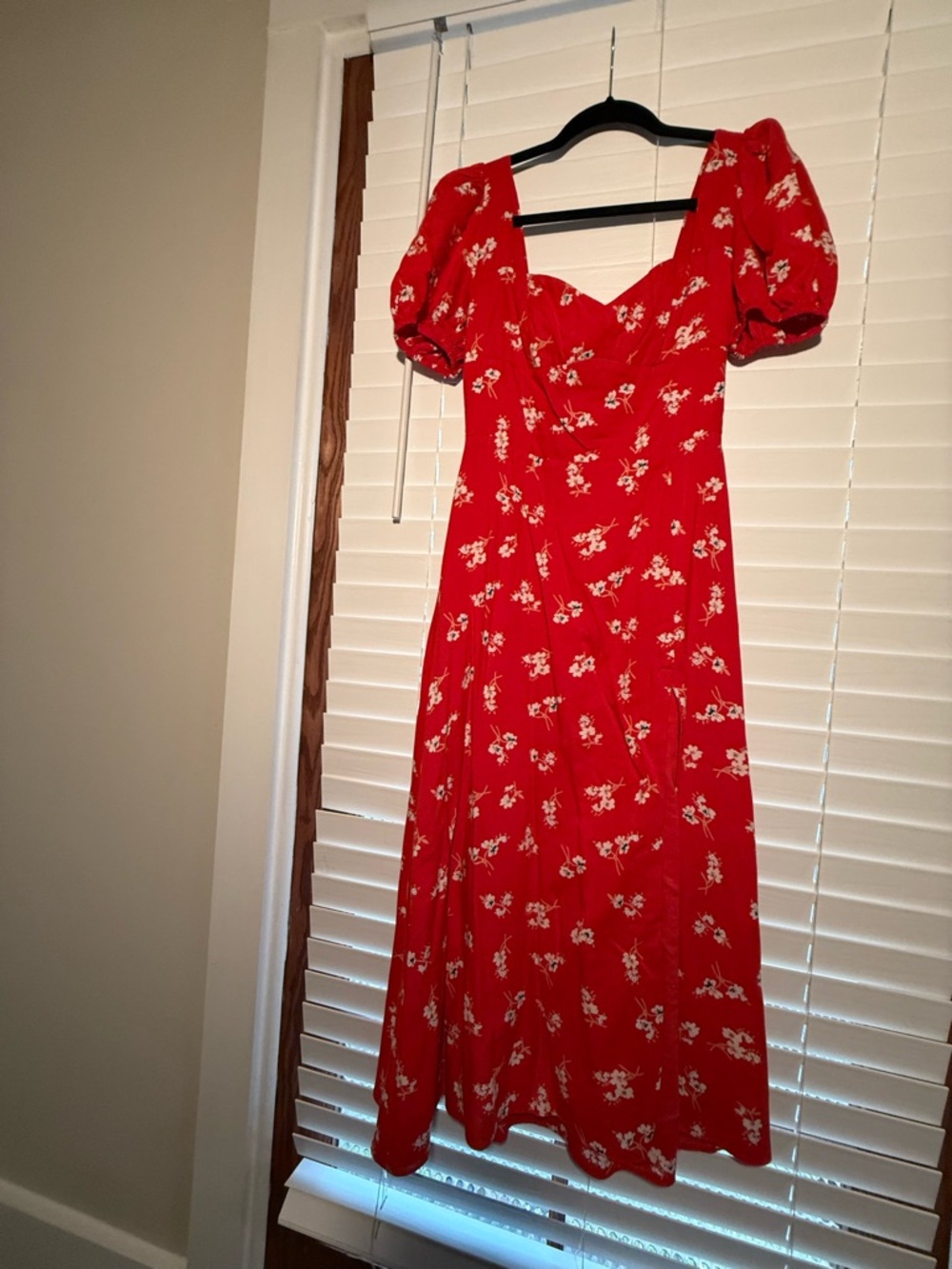 Bardot Red Floral Puff-Sleeve Midi Dress